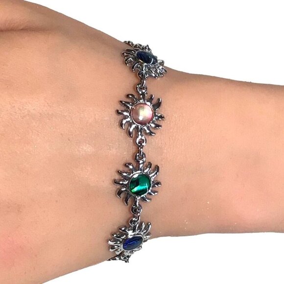 Sunburst Silver Tone Charm Bracelet With Multicolor Gemstones - Picture 2 of 2